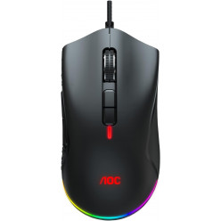 Игровая мышь AOC GM530B, черная, 400–16 000 точек на дюйм, сенсор Pixart PMW3389, логотип RGB, 7 кнопок, удобный симметричный дизайн, переключатели Kailh, светящееся кольцо с динамическими RGB-эффектами, USB, AOC G-Menu, 146 г